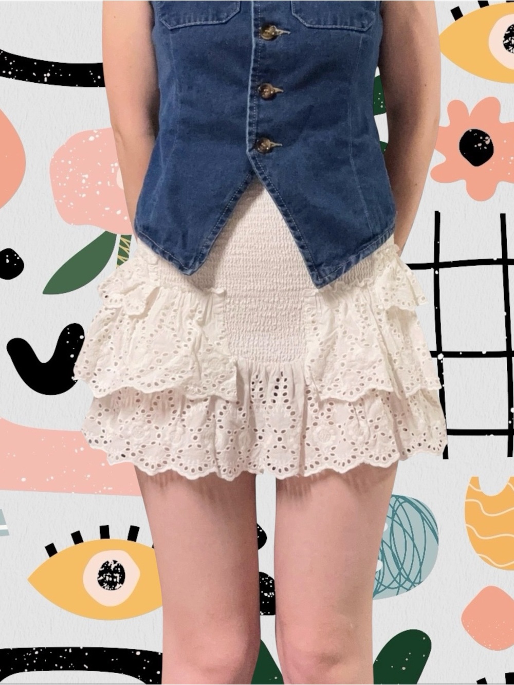 White High Waisted Smocked Eyelet Ruffle Mini Skirt